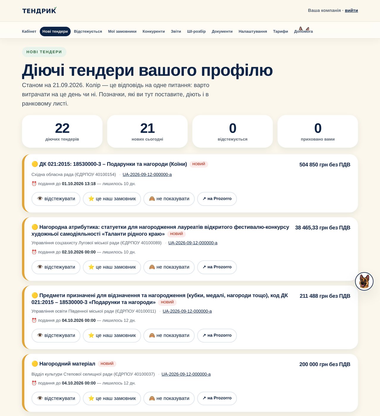 Сторінка «Нові тендери» в кабінеті Тендрика